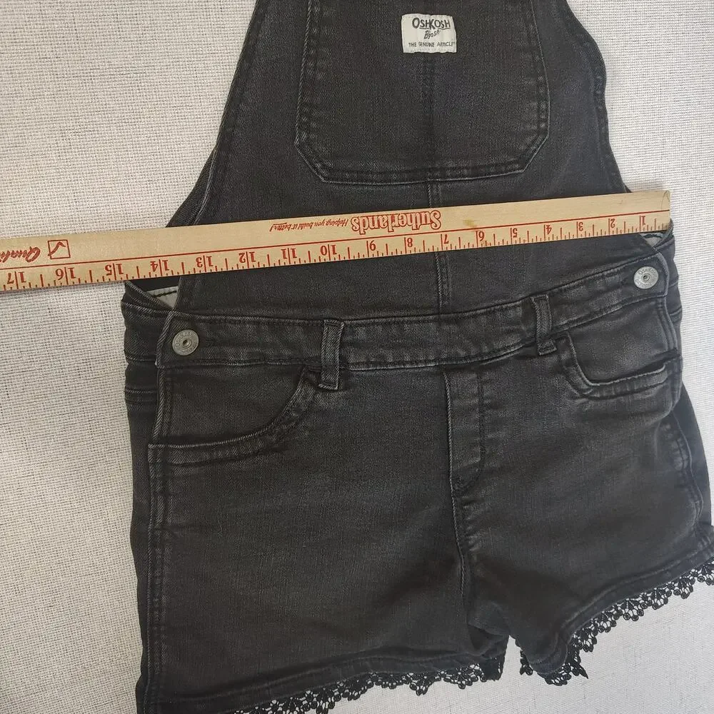 OshKosh B'gosh Girls 12 Black Denim Shortalls Overalls Lace Trim Y2K